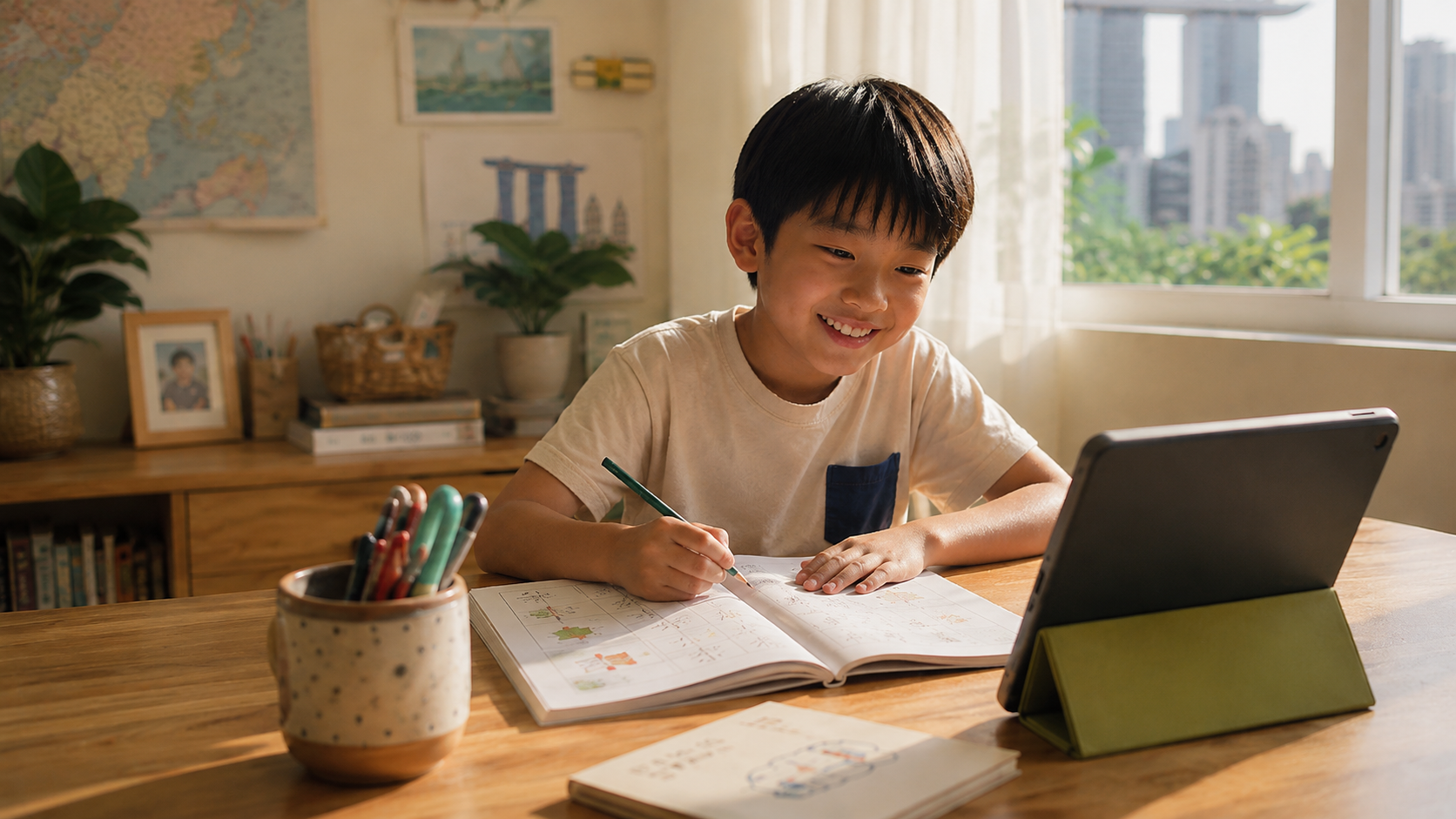 A happy child practising Chinese at home with a workbook and tablet