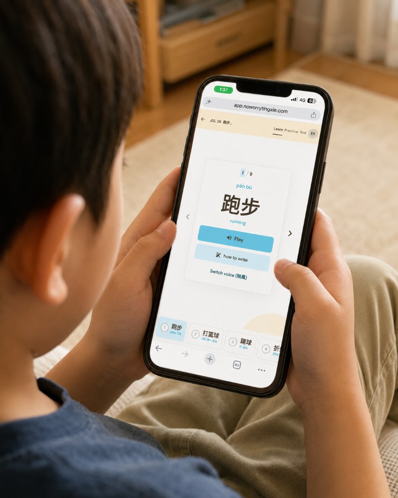 Child practising tingxie on No Worry Tingxie app